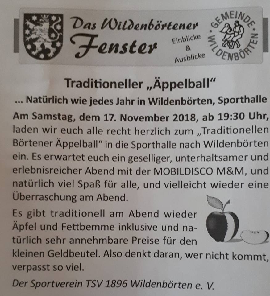 17. November 2018 - Wildenbörtener Äppelball - TSV 1896 Wildenbörten e. V.
