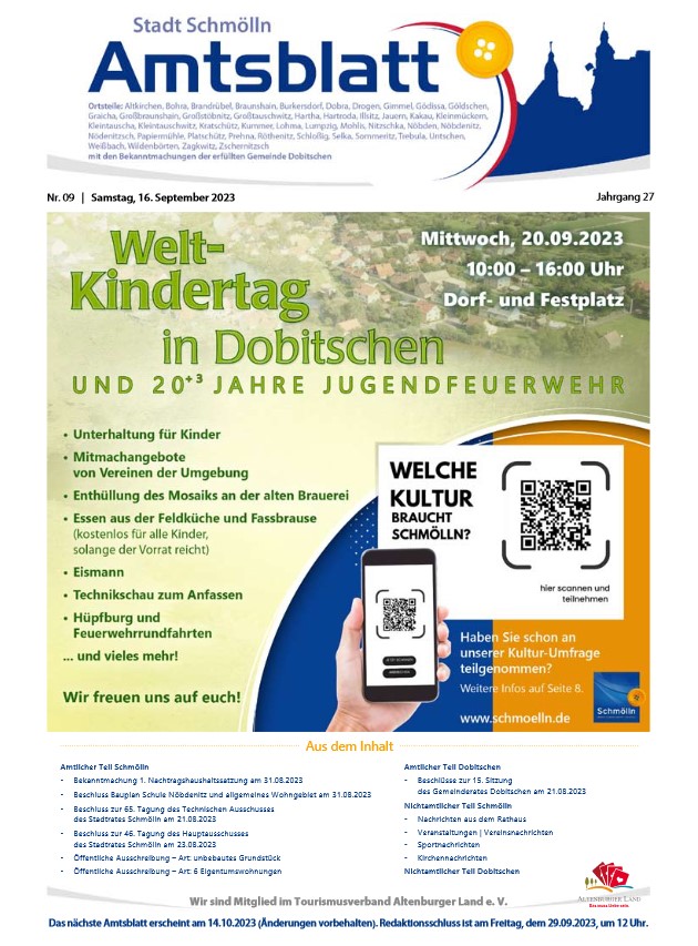 Amtsblatt der Stadt Schmölln vom 16. September 2023